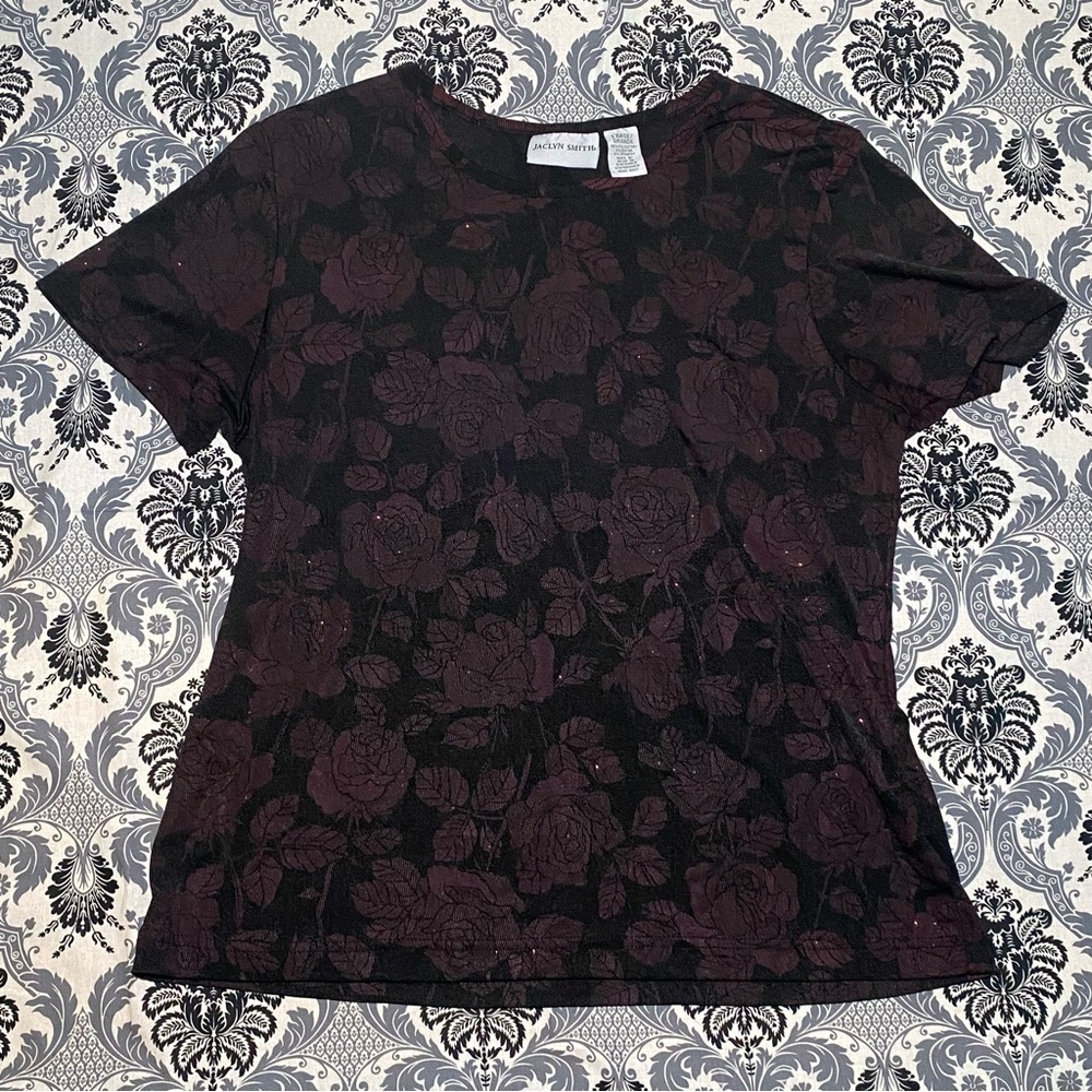 Black Top with Glittery Purple Rose Pattern